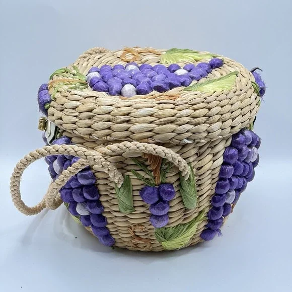 Vintage‎ Wicker Purple Grapes Basket Handbag Made In Philippines - Picture 4 of 12